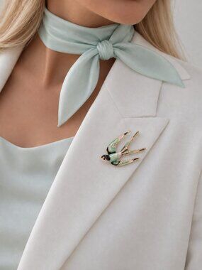 Elegant Mint & Pink Enamel Swallow Bird Brooch with Rhinestones